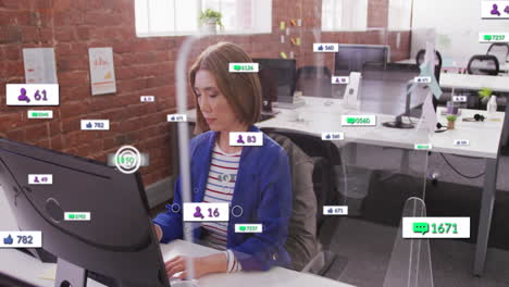 Animation-of-multiple-notification-bars-over-asian-woman-working-on-computer-in-office