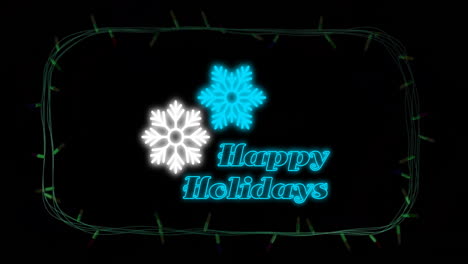 Animation-of-happy-holidays-text-with-snowflakes-and-colorful-string-lights-on-black-background
