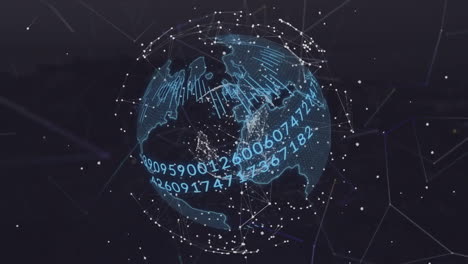 Animation-of-dots-around-changing-numbers-on-rotating-globe-and-connected-dots-over-black-background