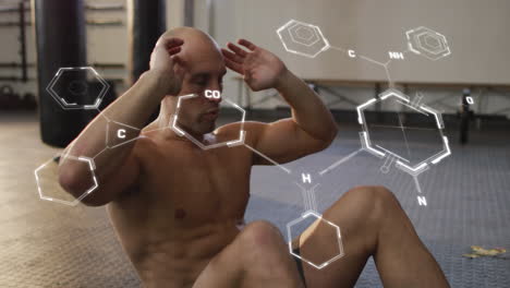 Animation-of-molecule-structures-over-bald-boxer-doing-crunches-in-training-room