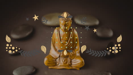 Animation-Von-Sich-Wiederholenden-Kreisen-über-Blättern-Und-Steinen-Um-Eine-Buddhastatue