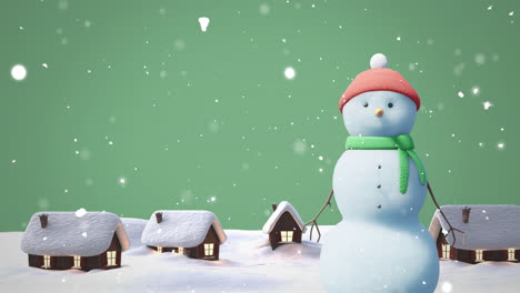Animation-of-christmas-snow-man-moving-over-snow-falling-on-green-background