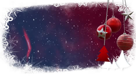 Animation-of-christmas-bauble-decorations-over-winter-scenery-background