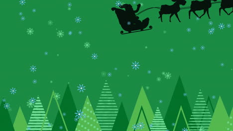 Animation-of-snowflakes,-santa-riding-sleigh-with-reindeers-and-trees-against-green-background