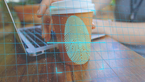 Animation-of-padlock-in-shields-and-scanning-fingerprint,-caucasian-woman-picking-up-coffee-cup