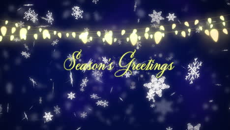 Animation-of-season's-greetings-text-over-fairy-lights,-spots-of-light-on-blue-background