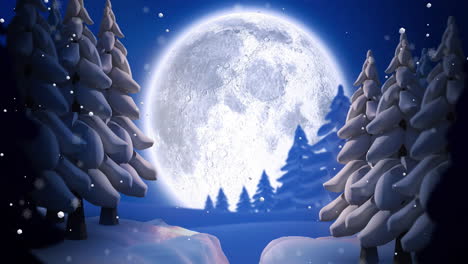 Animation-of-snow-falling-over-christmas-winter-scenery-with-full-moon-background