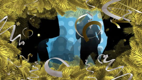 Animation-of-party-streamers-and-gold-fir-tree-branches-with-people-dancing-in-background