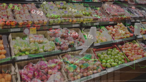 Animation-of-numbers-changing-and-moving-over-fresh-fruits-in-crates-arranged-in-supermarket