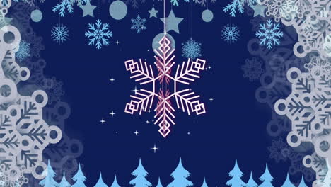 Animation-Von-Schneeflocken-Weihnachtsdekorationen-Auf-Blauem-Hintergrund