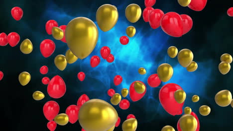 Animation-Von-Goldenen-Und-Roten-Luftballons-über-Beleuchtetem-Abstraktem-Muster-Auf-Schwarzem-Hintergrund