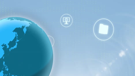 Animation-Eines-Rotierenden-Globus-Mit-Verschiedenen-Symbolen-Für-Mobile-Anwendungen-Auf-Blauem-Hintergrund