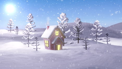 Animation-of-winter-scenery-with-house-over-snow-falling-background