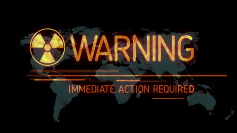 Animation-radiation-warning-symbol,-warning-immediate-action-required-text-over-map