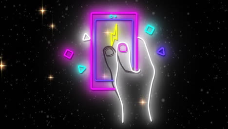 Animation-of-geometric-shape-around-human-hand-holding-cellphone-with-stars-over-black-background
