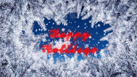 Animation-of-branches-with-trees-around-falling-snowflakes-and-happy-holidays-over-blue-background
