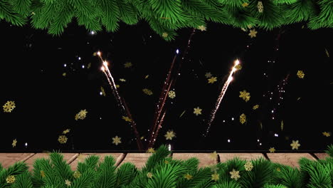 Animation-of-fir-tree-branches-over-fireworks-on-black-background