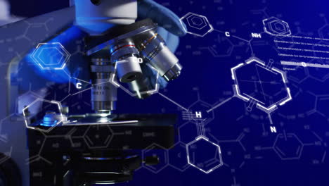 Animation-of-chemical-structures-over-laboratory-microscope-on-blue-background