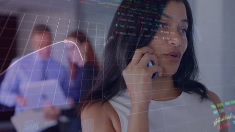 Animation-of-graphs-and-trading-board-over-beautiful-biracial-woman-talking-on-smartphone