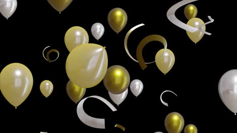 Animation-Von-Goldenen-Und-Silbernen-Luftballons-Und-Party-Luftschlangen-Auf-Schwarzem-Hintergrund
