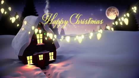 Animación-De-Texto-De-Feliz-Navidad,-Luces-Sobre-Una-Casa-En-Un-Terreno-Cubierto-De-Nieve-Contra-La-Luna-En-El-Cielo