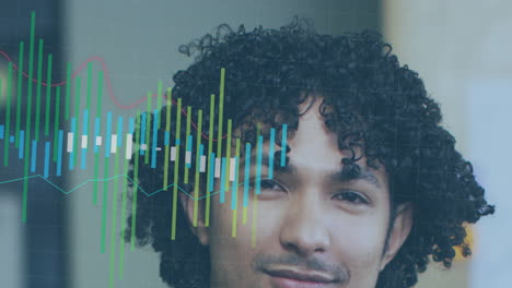 Animation-of-multicolored-graphs-over-smiling-biracial-man-standing-in-office