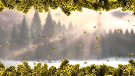 Animation-of-christmas-fir-tree-branches-and-gold-stars-over-winter-scenery-background