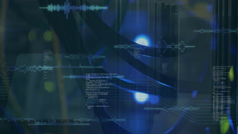 Animation-of-soundwaves-and-computer-language-over-close-up-of-wires-against-data-server-system