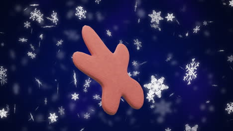 Animation-of-ginger-bread-cookie-over-snow-falling-on-blue-background