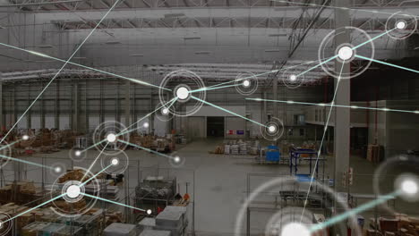 Animation-of-dots-connected-with-lines-over-aerial-view-of-goods-in-warehouse