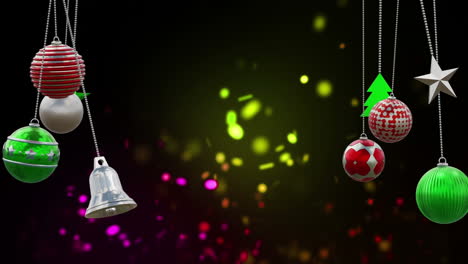Animation-of-christmas-baubles-decorations-with-flickering-spots-on-black-background