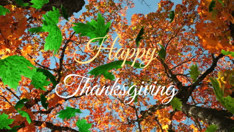 Animation-of-green-leaves-and-happy-thanksgiving-text-over-low-angle-view-of-trees-against-sky
