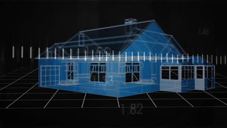Animation-of-graph-and-changing-numbers,-3d-model-of-house-on-grid-pattern-over-black-background