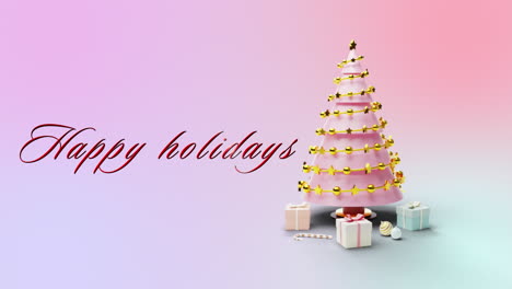 Animation-of-happy-holidays-text-over-christmas-tree-on-pink-background