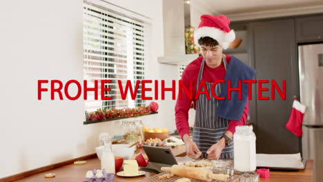 Animation-of-frohe-wihnachten-text-over-caucasian-man-baking-at-christmas