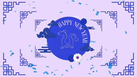 Animation-of-happy-new-year-text-with-dragon-sign-and-chinese-pattern-on-purple-background