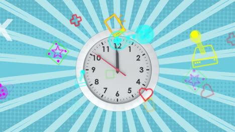 Animation-Einer-Uhr,-Mehrere-Symbole-über-Einem-Sunburst-Muster-Vor-Blauem-Hintergrund