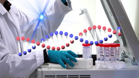 Animation-of-dna-helix-over-caucasian-researcher-placing-test-tubes-in-laboratory-instrument