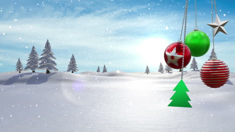 Animation-Von-Weihnachtskugeln-Dekorationen-über-Winterlandschaftshintergrund