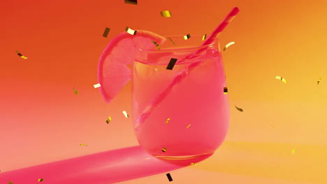 Animation-of-confetti-falling-and-cocktail-on-red-to-yellow-background