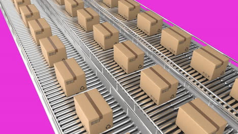 Animation-of-cardboard-boxes-moving-on-conveyor-belts-over-pink-background