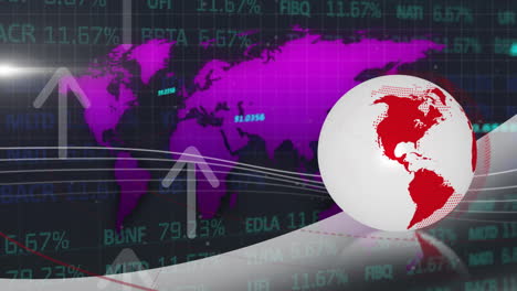 Animation-of-globe,-up-arrow,-numbers,-map-and-trading-board-over-black-background
