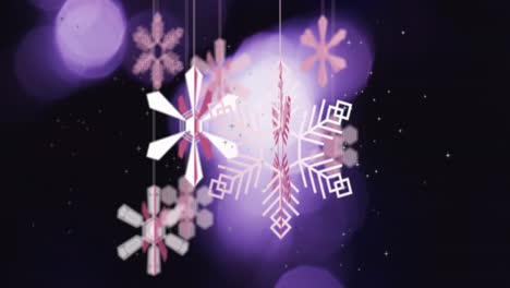 Animation-of-christmas-baubles-and-snow-falling-on-purple-background