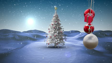 Animation-Von-Weihnachtskugeln-Dekorationen-über-Dem-Weihnachtsbaum-Auf-Winterhintergrund