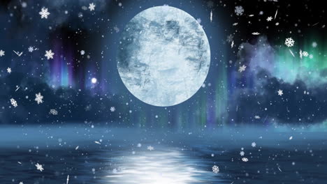 Animation-of-full-moon,-snow-falling-and-aurora-borealis-in-christmas-winter-scenery-background