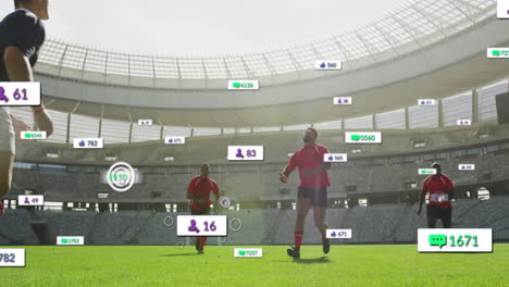 Animation-of-multiple-notification-bars-over-diverse-rugby-player-running-towards-ball