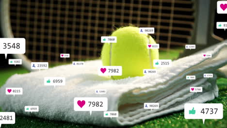 Animation-of-notification-bars-over-tennis-ball-on-towel-against-racket-on-ground