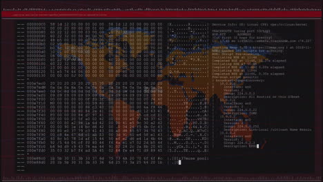 Animation-of-numbers-and-computer-language-in-terminal-interface-over-map-against-black-background