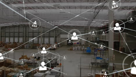 Animation-of-icons-connected-with-lines-over-aerial-view-of-goods-in-warehouse
