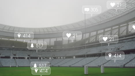 Animation-of-changing-numbers,-icons-over-empty-stadium-against-sky